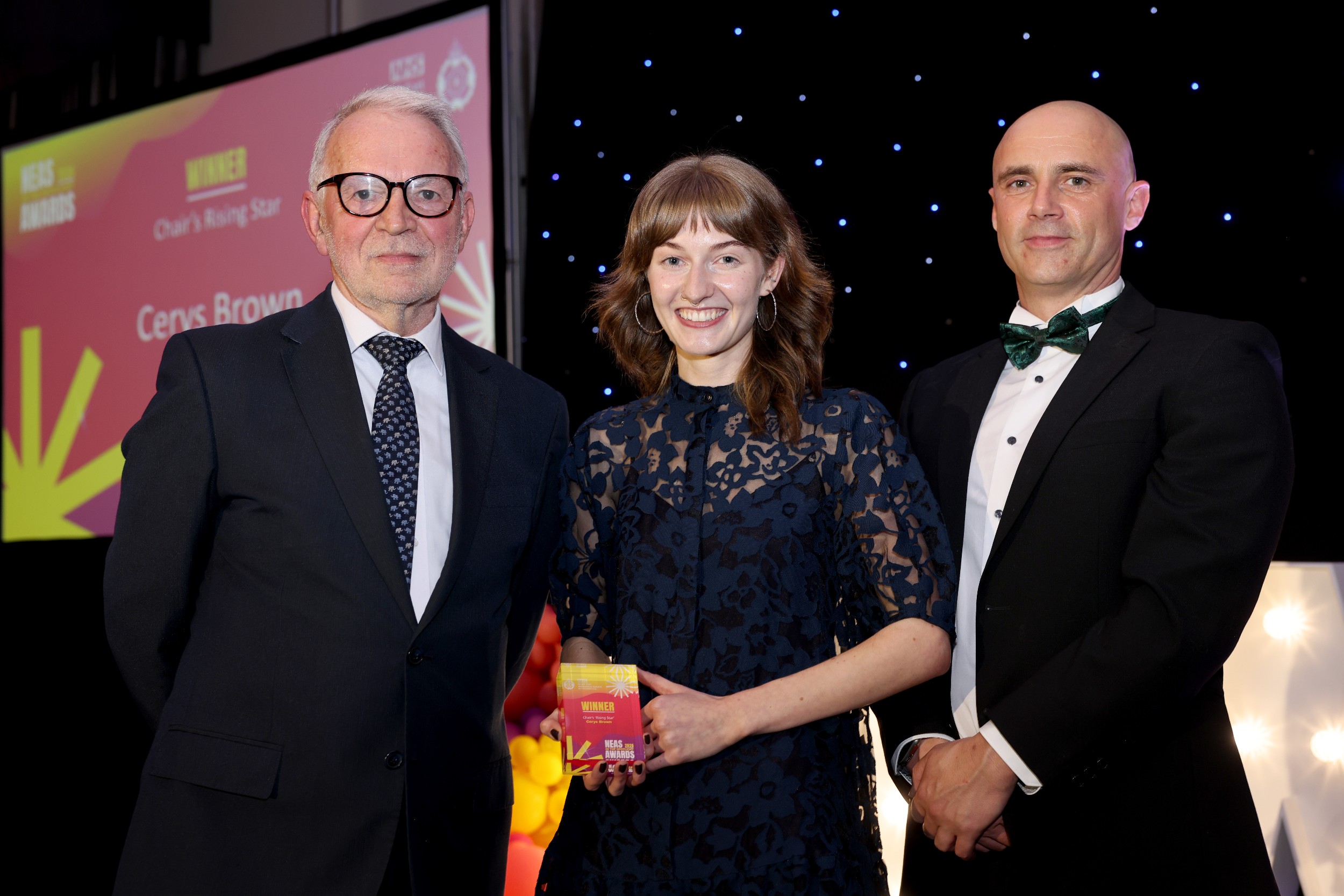 Chair's Rising Star award winner Cerys Brown with NEAS Chairman Stuart Corbridge (left) and Chief Executive Kev Scollay (right).jpg